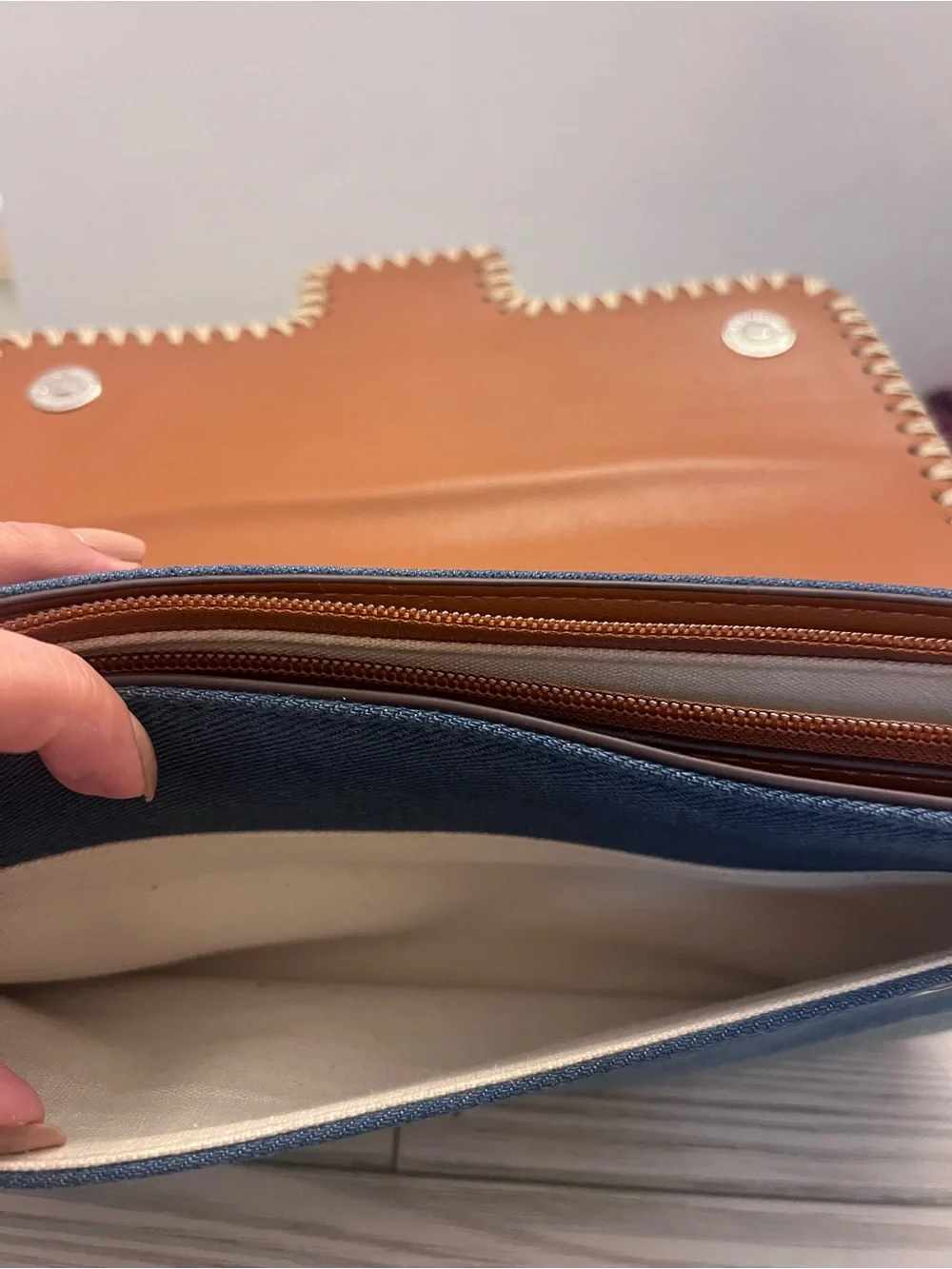Dolce Vita Denim Blue & Cognac Whipstitch Shoulder Bag